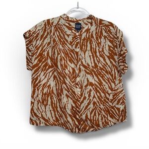 GAP Button Down Blouse Top Brown Cream Zebra Print Lightweight Cotton Size XS